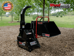 A black Made in the USA Wood chipper outside