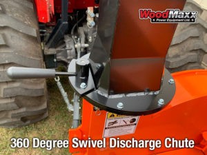 A detailed image of a black metal discharge shoot that is part of a wood chipper proudly made in the USA
